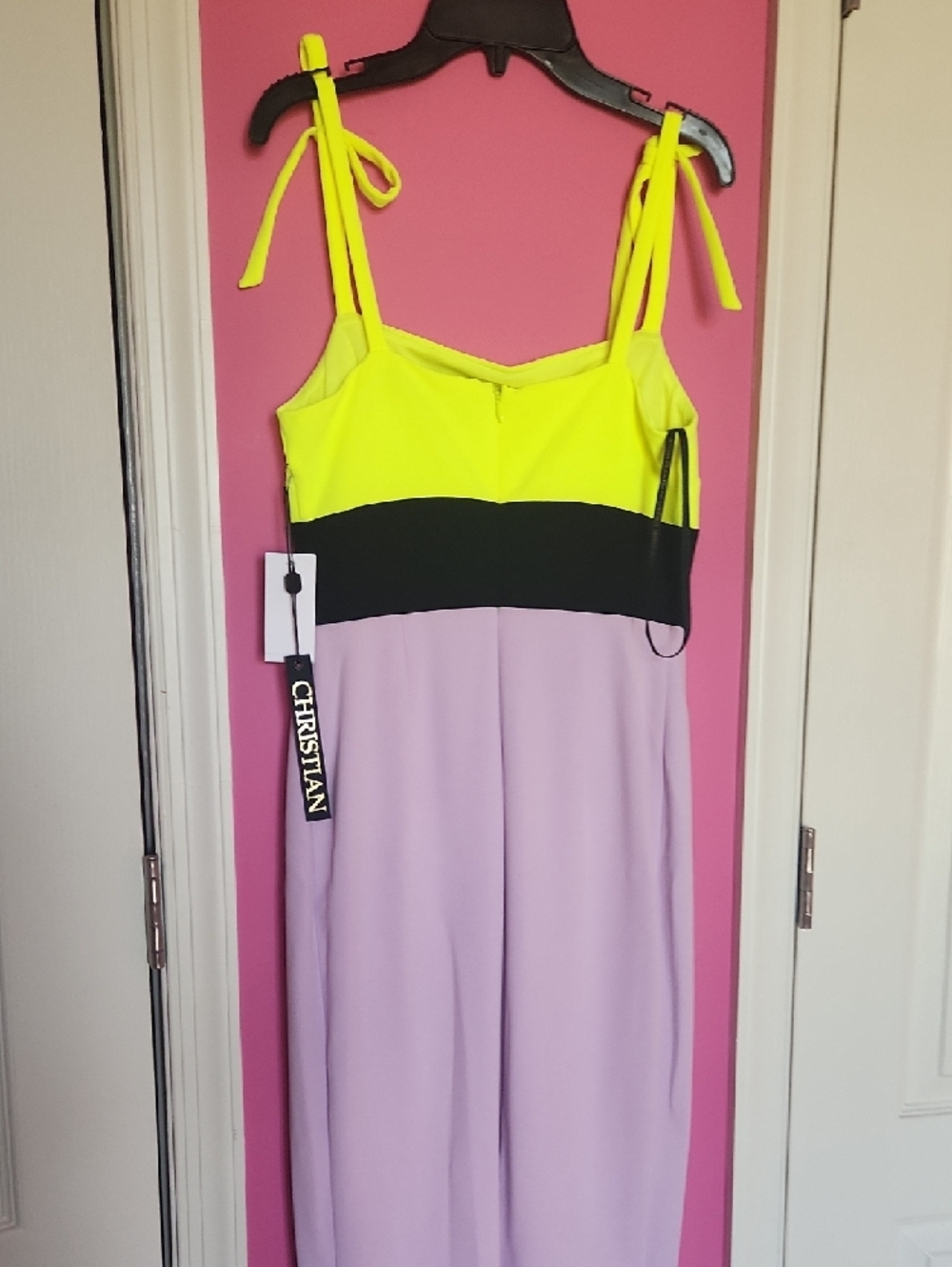 Christian Siriano Neon Yellow, Black & Lavender Tie-Shoulder Midi Dress - Picture 7 of 13